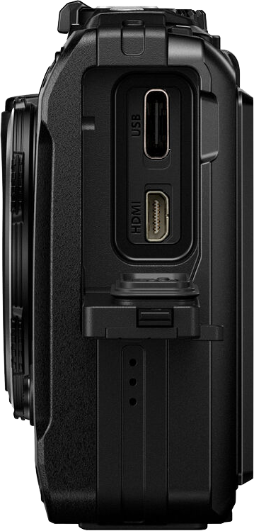Fekete kamera USB és HDMI portokkal az oldalán, közeli nézet.