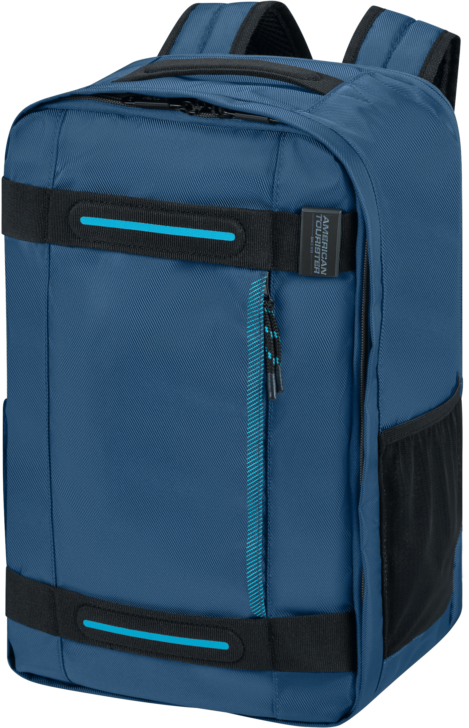 Kék American Tourister hátizsák fekete pántokkal és oldalzsebbel.