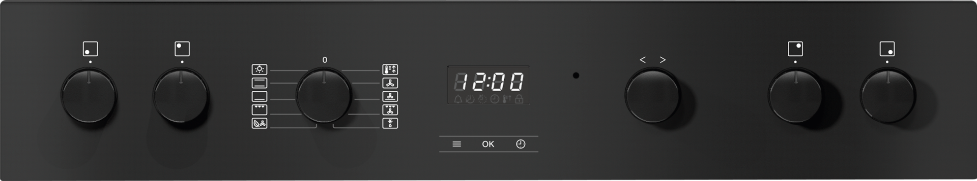 Schwarzes Backofen-Bedienfeld mit Knöpfen und Digitalanzeige, die die Zeit anzeigt. Verschiedene Symbole auf dem Panel.