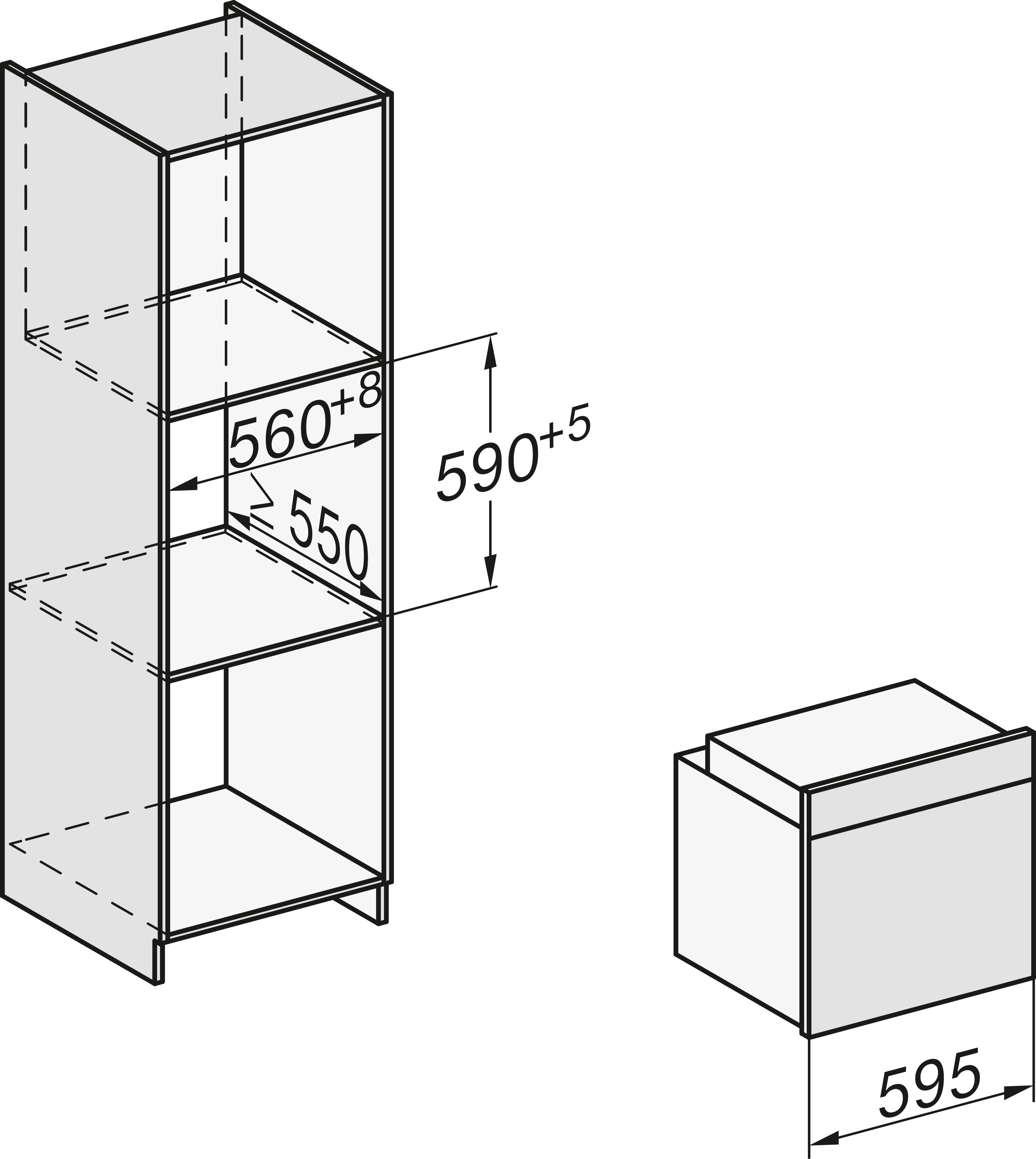 Diagramm eines Einbaubackofens mit Maßen und einem separaten Mikrowellenherd, Seitenansicht.