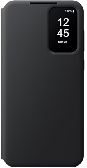 Czarne etui na telefon z ekranem wyświetlającym godzinę i procent naładowania baterii. Telefon jest wyłączony.