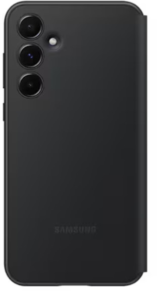 Czarny telefon z rozkładaną konstrukcją. Z tyłu trzy obiektywy aparatu.