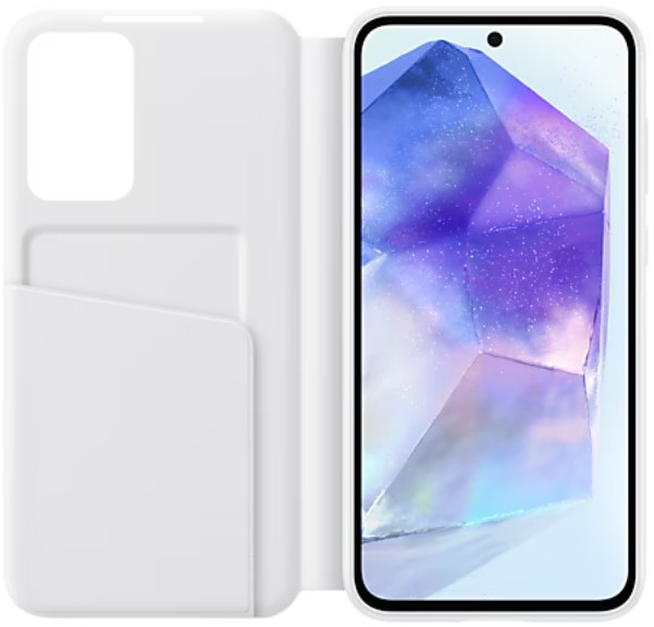 Białe etui na telefon. Ekran telefonu pokazuje fioletowy obraz kryształowy.