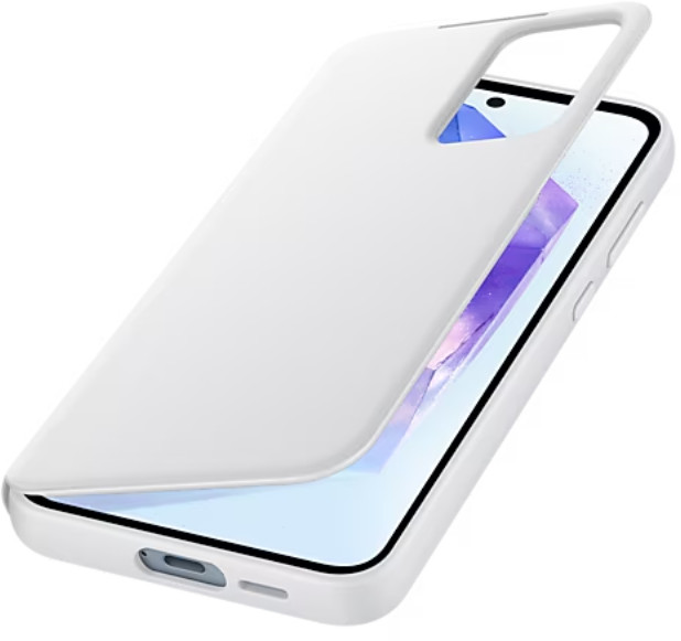 Białe etui na telefon, częściowo zakrywające telefon. Telefon jest widoczny, w kolorze białym i niebieskim.