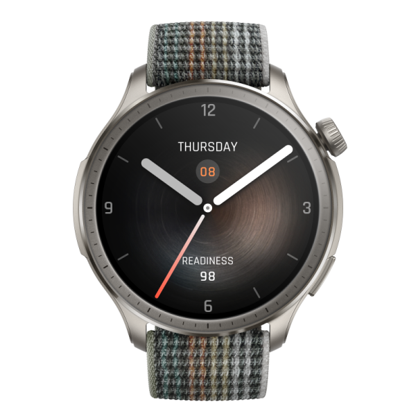 Srebrny smartwatch z paskiem w kratę, pokazujący godzinę, datę i poziom gotowości.