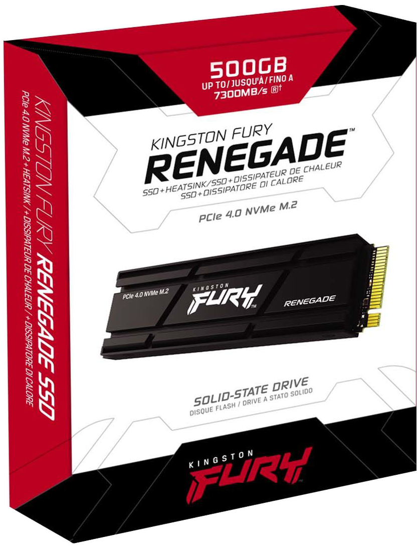 Kingston Fury Renegade SSD doboza. Fekete és piros, a meghajtó látható.