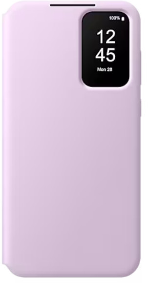 Fioletowe etui na telefon z ekranem wyświetlającym godzinę i procent naładowania baterii. Telefon jest wyłączony.