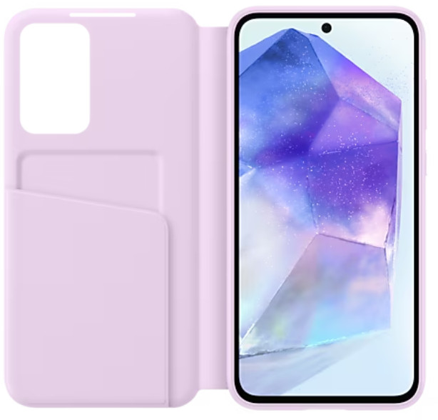 Różowe etui na telefon otwarte, odsłaniające ekran telefonu z kryształowym obrazem.