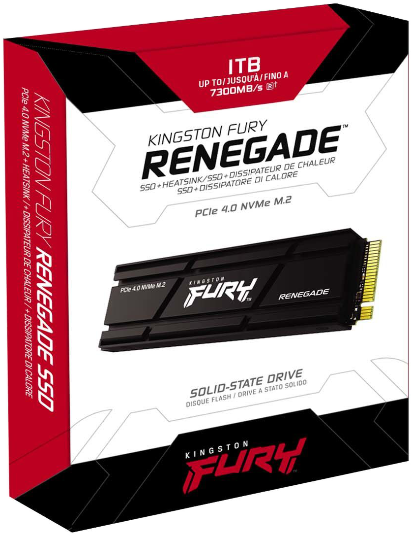 Doboz Kingston Fury Renegade SSD-vel. Az SSD fekete és ezüst.