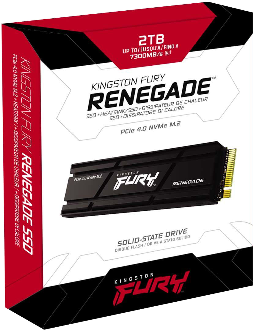Doboz Kingston Fury Renegade SSD-vel. Az SSD fekete, fehér felirattal. A doboz piros, fekete és fehér.