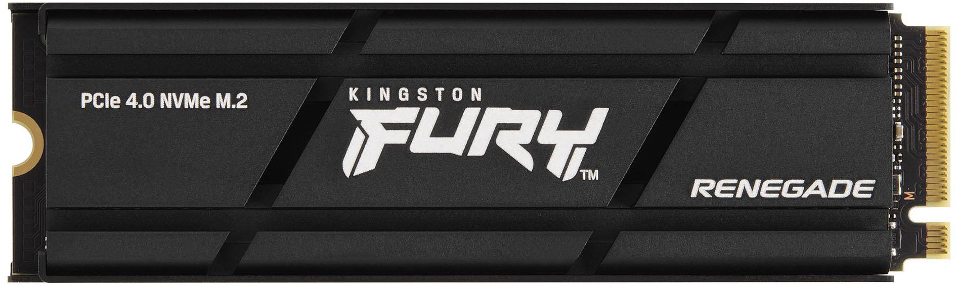 Fekete Kingston FURY Renegade PCIe 4.0 NVMe M.2 SSD a márkanévvel és a termék részleteivel.