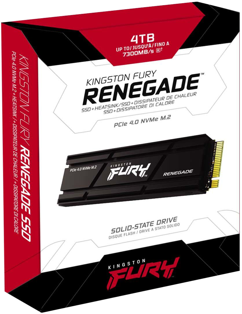 Kingston Fury Renegade SSD doboz. Fekete SSD belül, 'PCIe 4.0 NVMe' felirattal. Piros-fehér design.