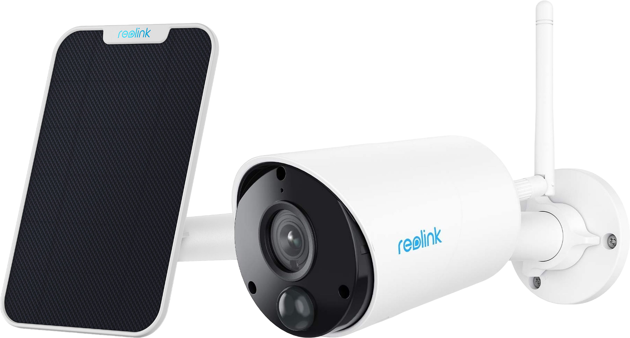 Weiße Überwachungskamera mit schwarzem Solarpanel. Reolink-Logo auf der Kamera sichtbar.