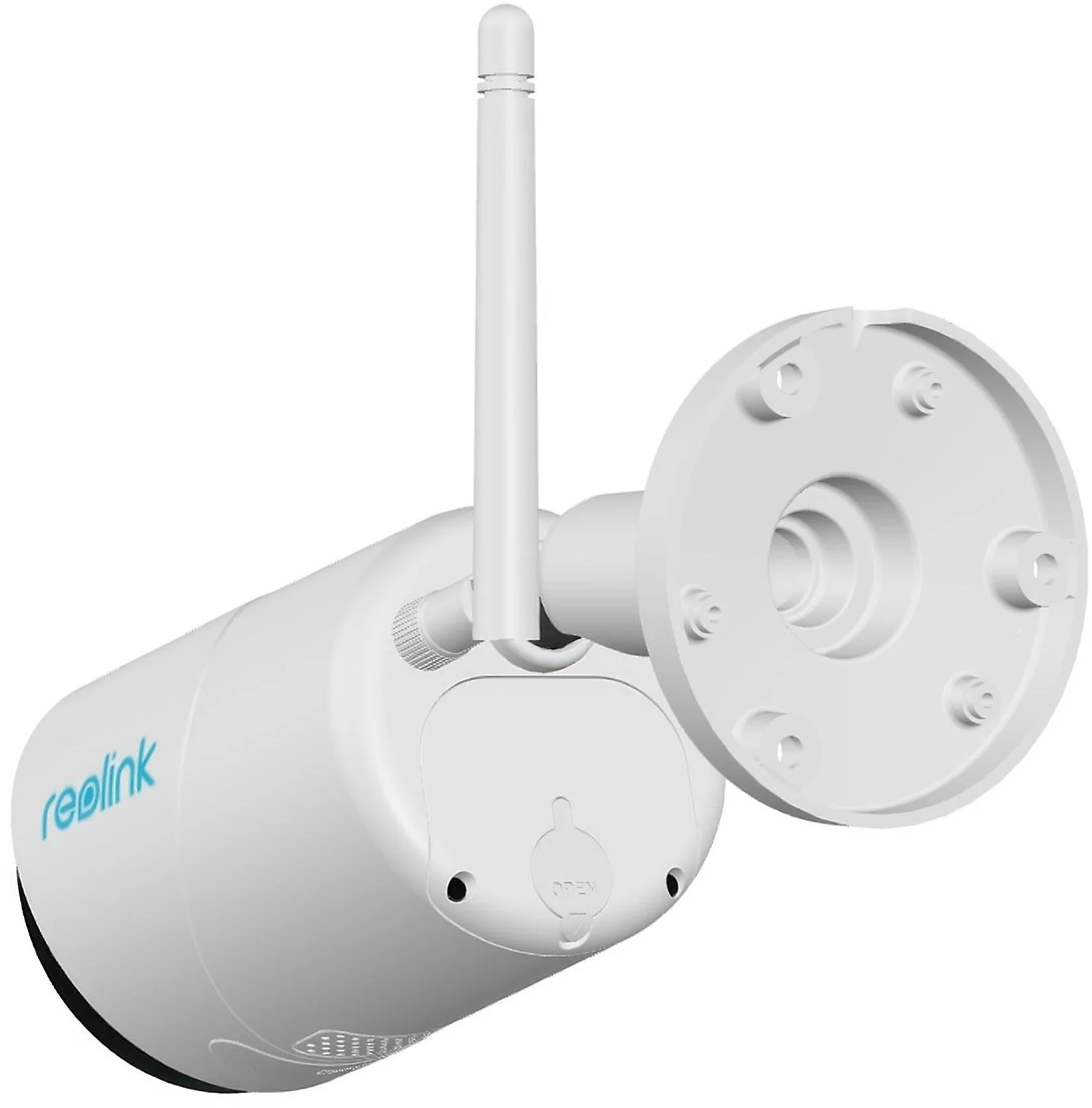 Weiße Outdoor-Sicherheitskamera mit Antenne und rundem Sockel.