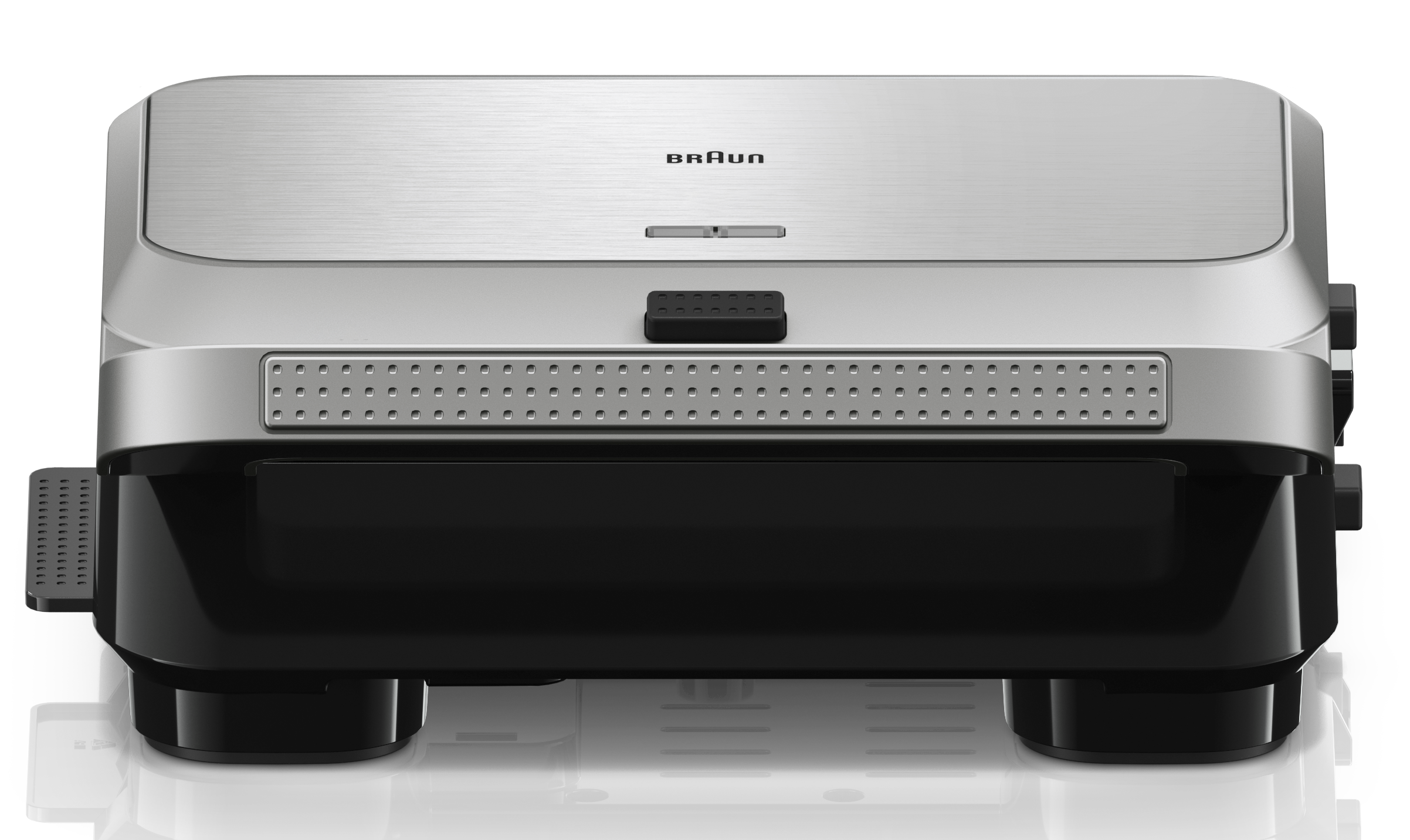 Srebrno-czarny multicooker Braun z logo Braun na górze, widoczny przód.