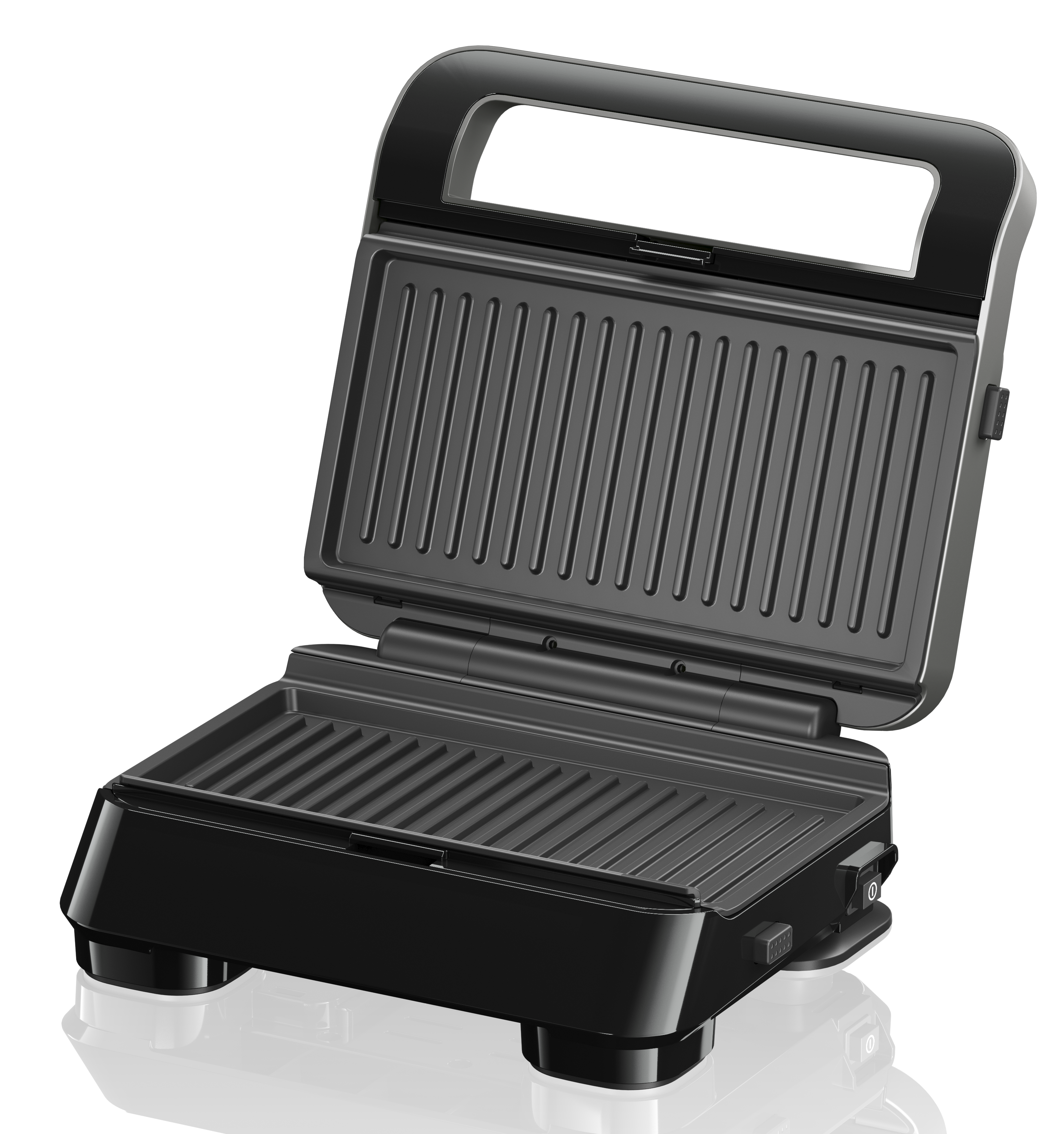 Czarny otwarty grill z uchwytem. Grill jest otwarty, widać wnętrze.