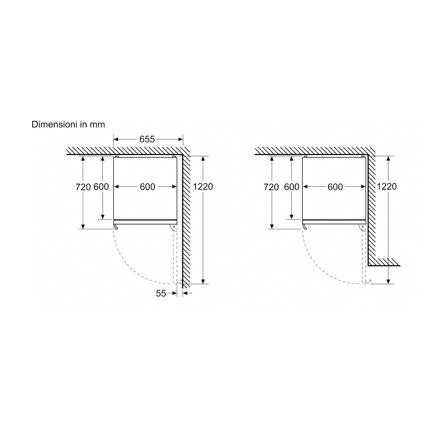 Diagramma con due viste laterali di un armadio. Le dimensioni in mm sono indicate sull'armadio e sul pavimento.