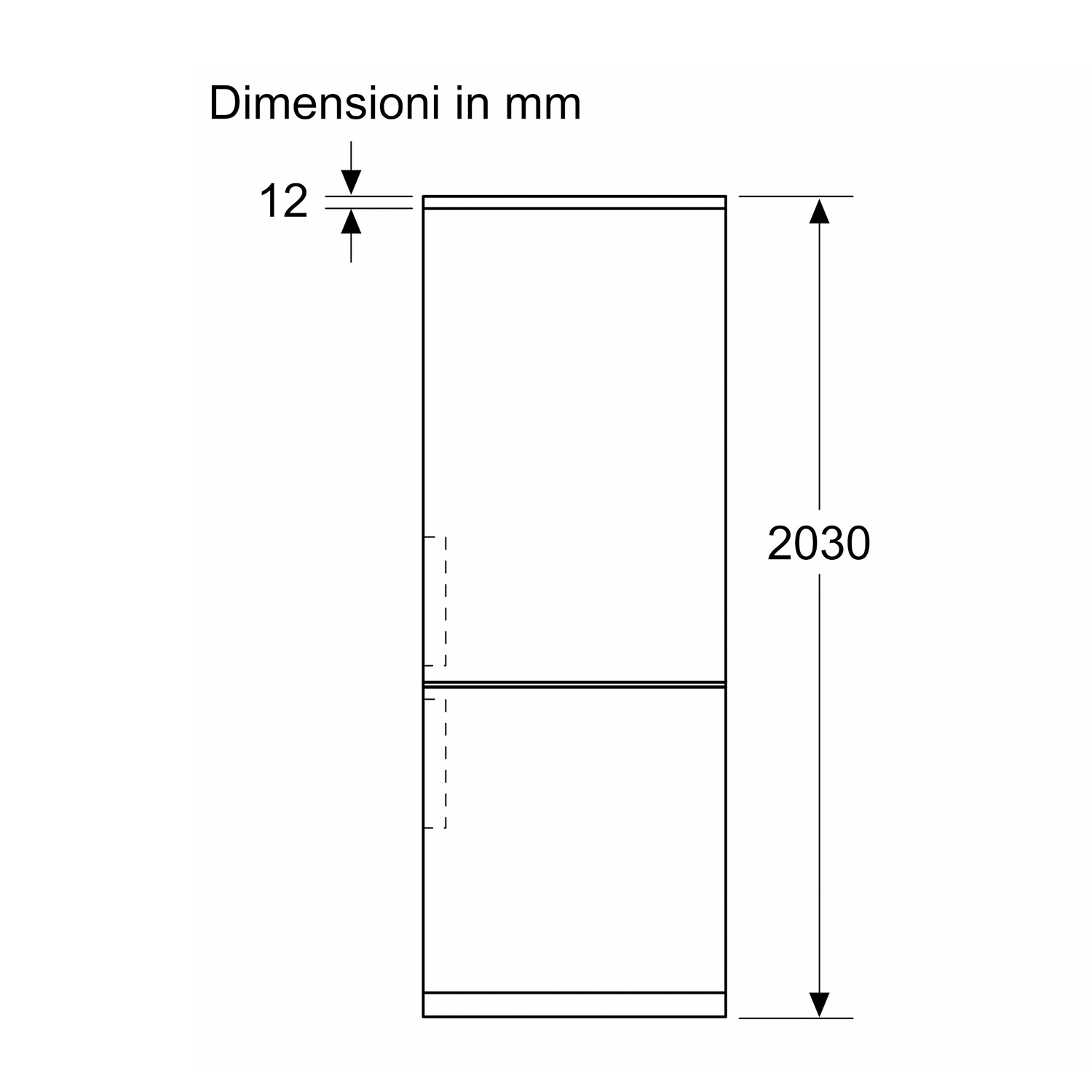 Diagramma che mostra le dimensioni di un frigorifero, con misure di 12 mm e 2030 mm indicate.