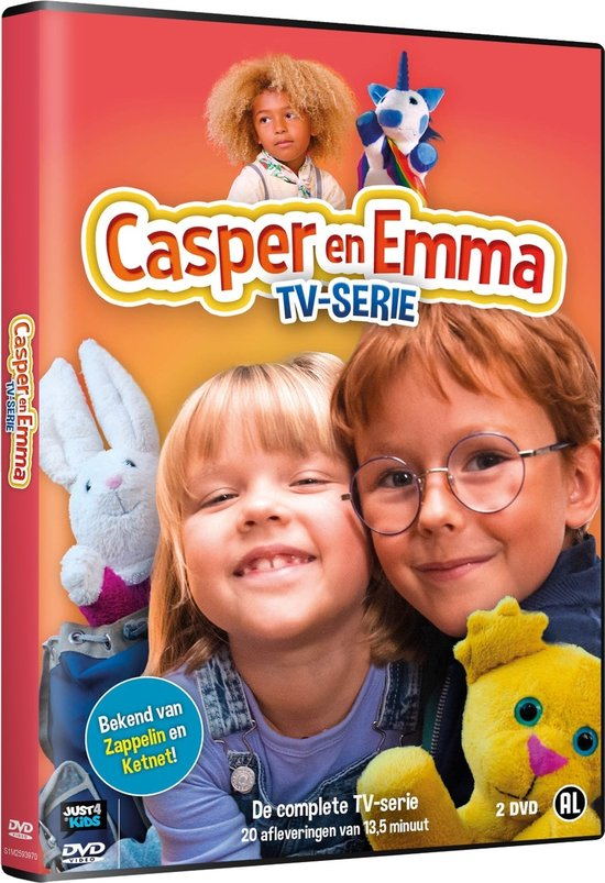 Couverture DVD de la série TV 'Casper en Emma', avec enfants et peluches.