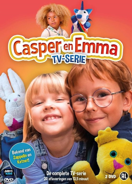 Couverture DVD de la série télévisée Casper et Emma. Présente deux enfants avec des animaux en peluche.