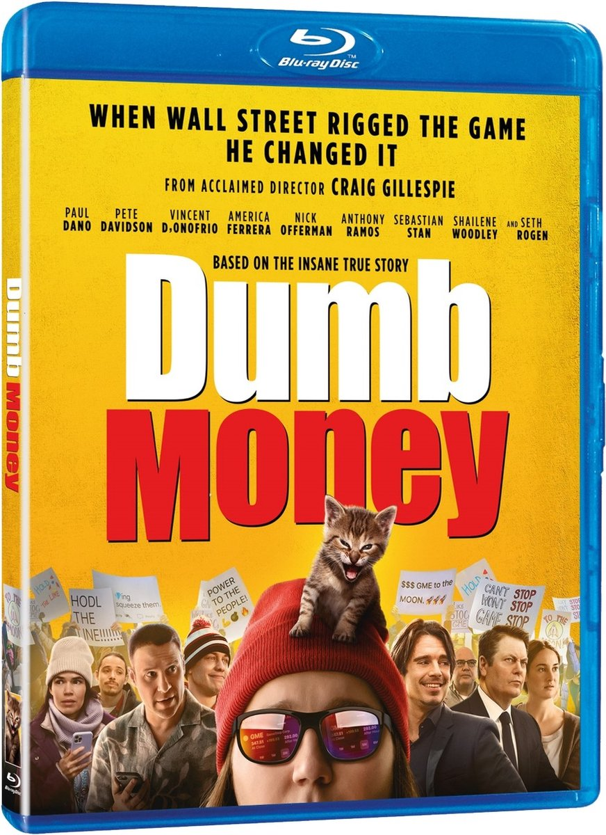 Filmaffiche voor 'Dumb Money' met een kat op een hoed en een menigte.