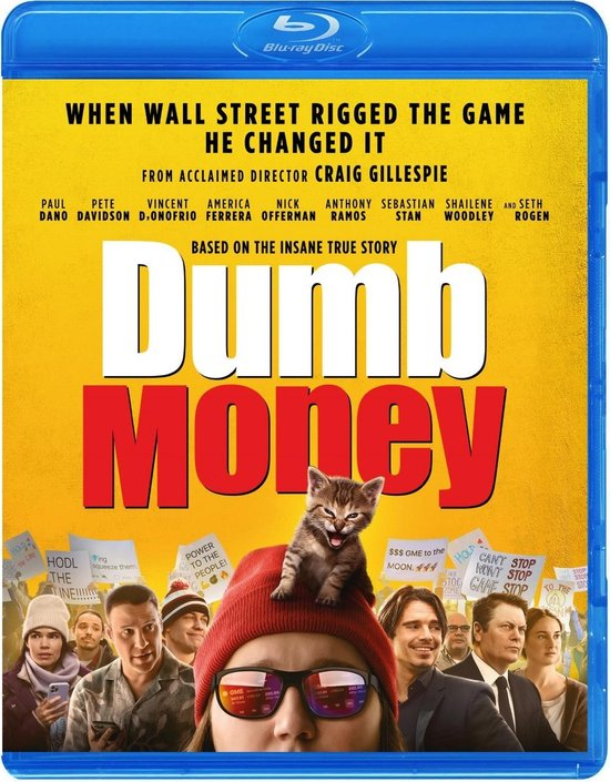 Blu-ray-hoes voor de film Dumb Money. Met een katje, acteurs en tekst.