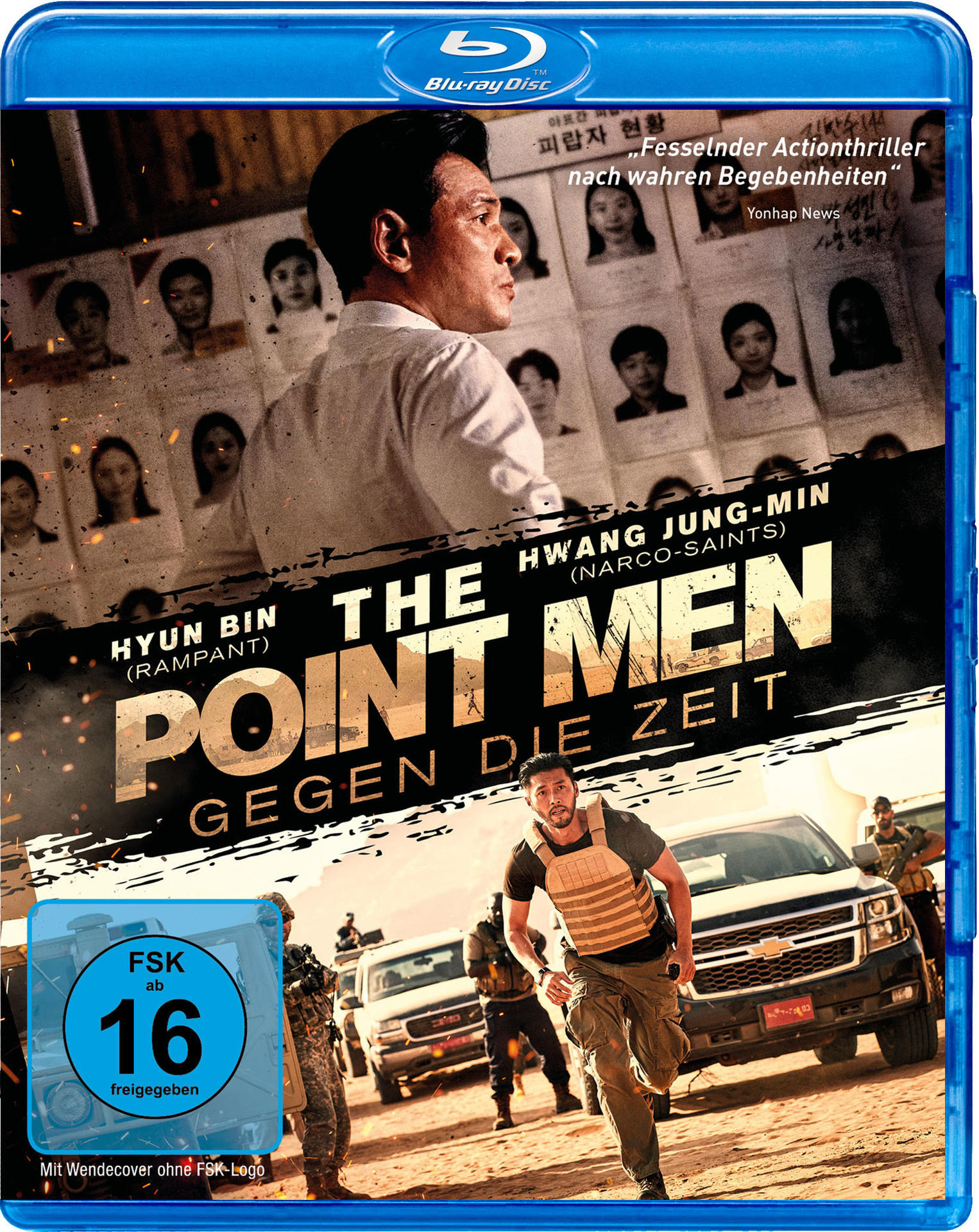 Blu-ray-Disc-Cover. Ein Mann im weißen Hemd oben, zwei Männer laufen unten.