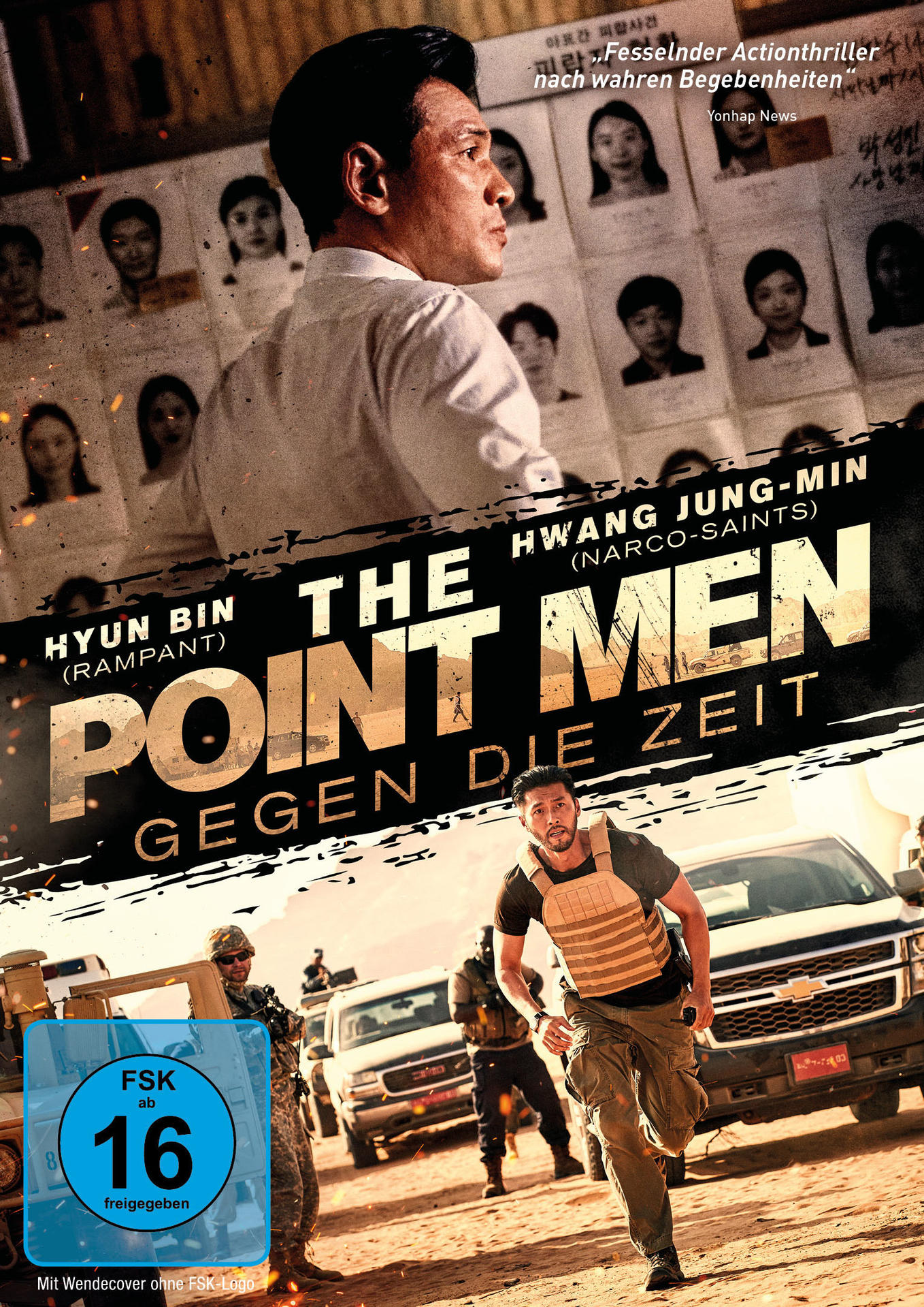 Filmposter für The Point Men mit einem Mann, der rennt, und Menschen im Hintergrund. FSK 16-Logo vorhanden.