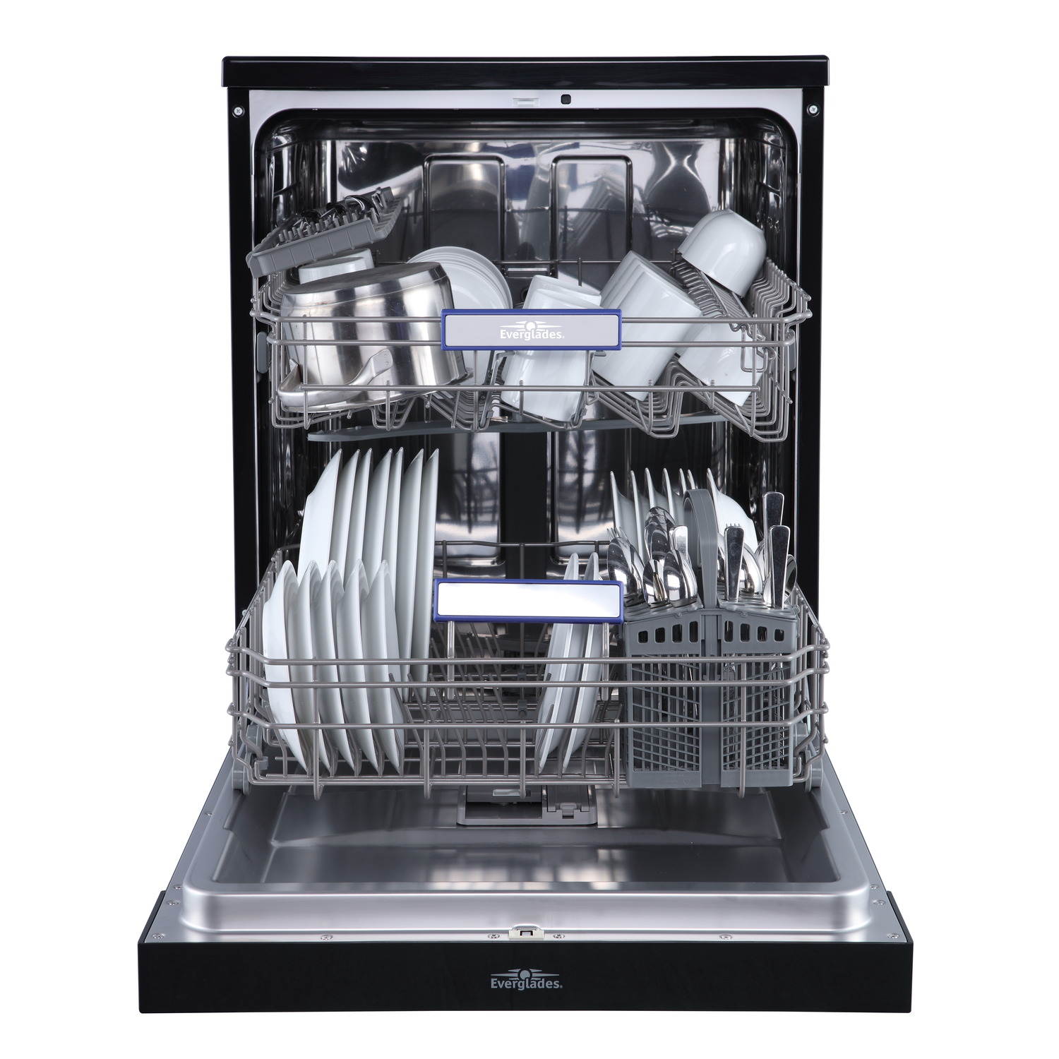 Open dishwasher with dishes, cups, utensils, and a silver interior.