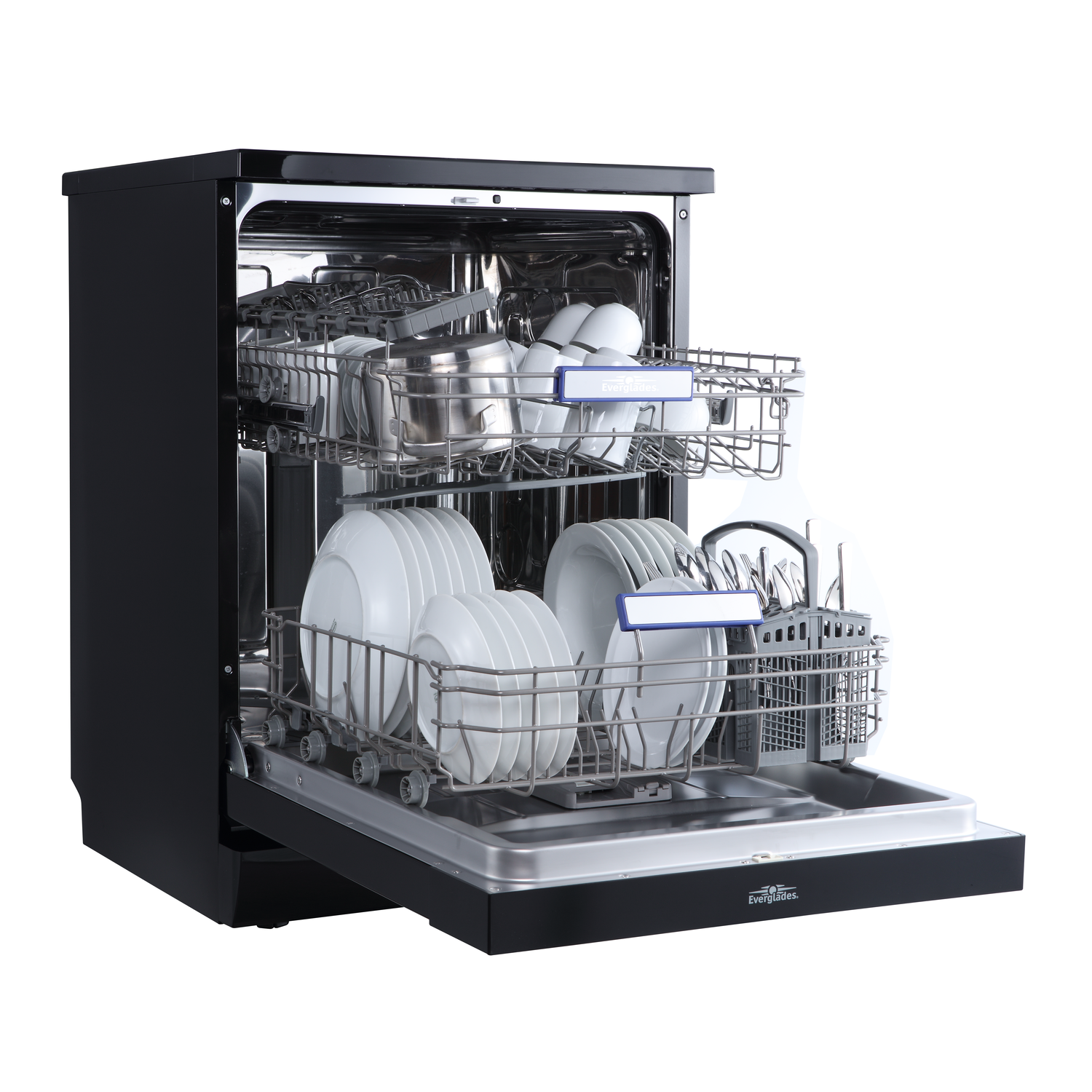 A black dishwasher with the door open, showing two racks filled with dishes and utensils.