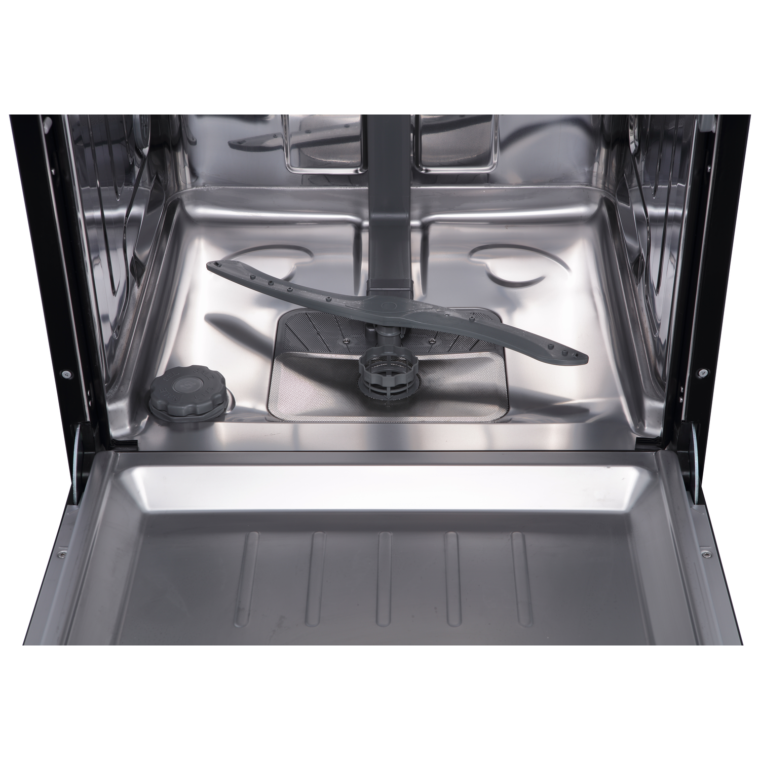 Open dishwasher interior with spray arm in the middle. Lower tray is empty.