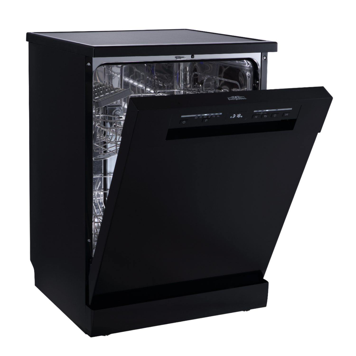 Black dishwasher with an open door. Interior is visible.