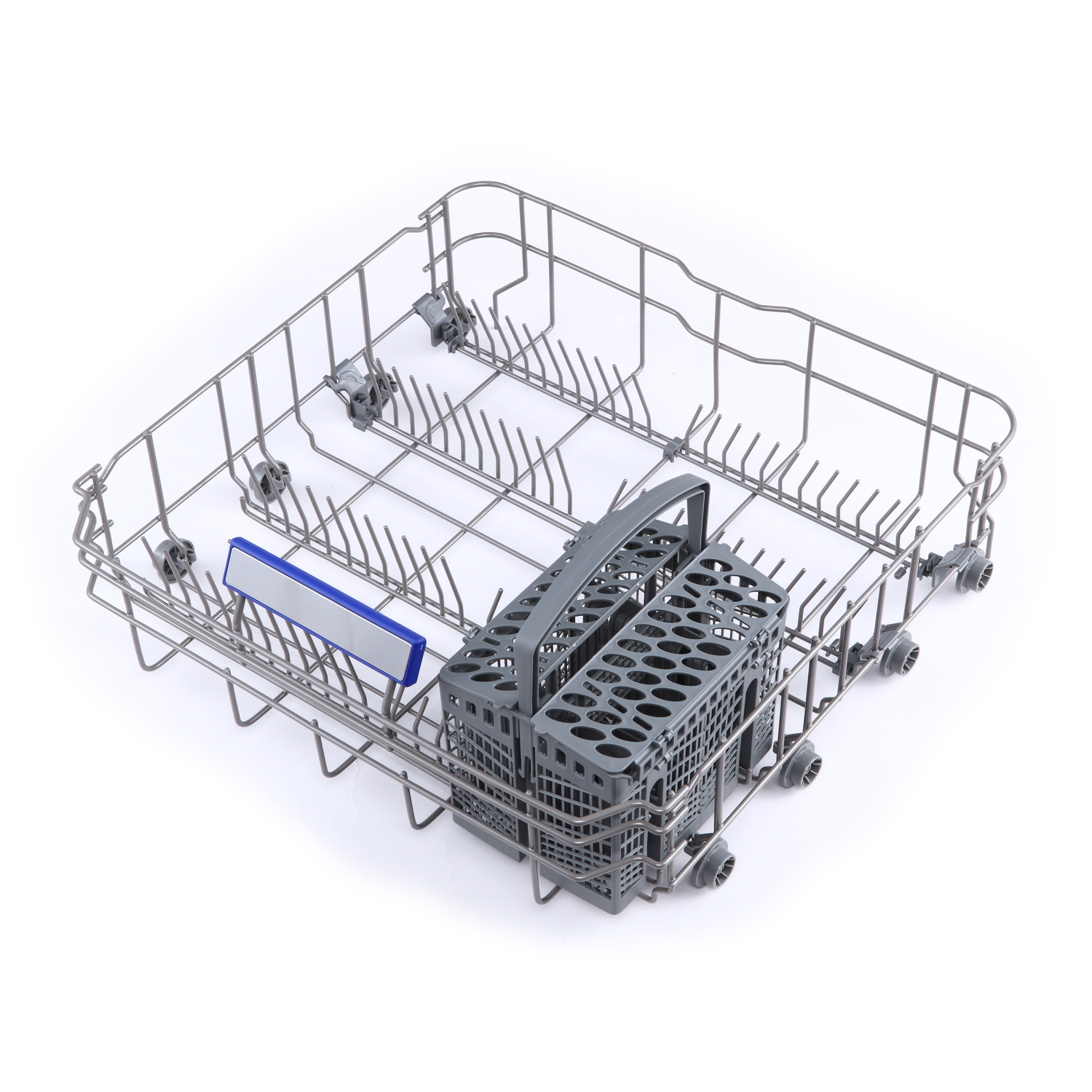 Dishwasher rack with gray baskets and dividers. Stainless steel frame, white background.