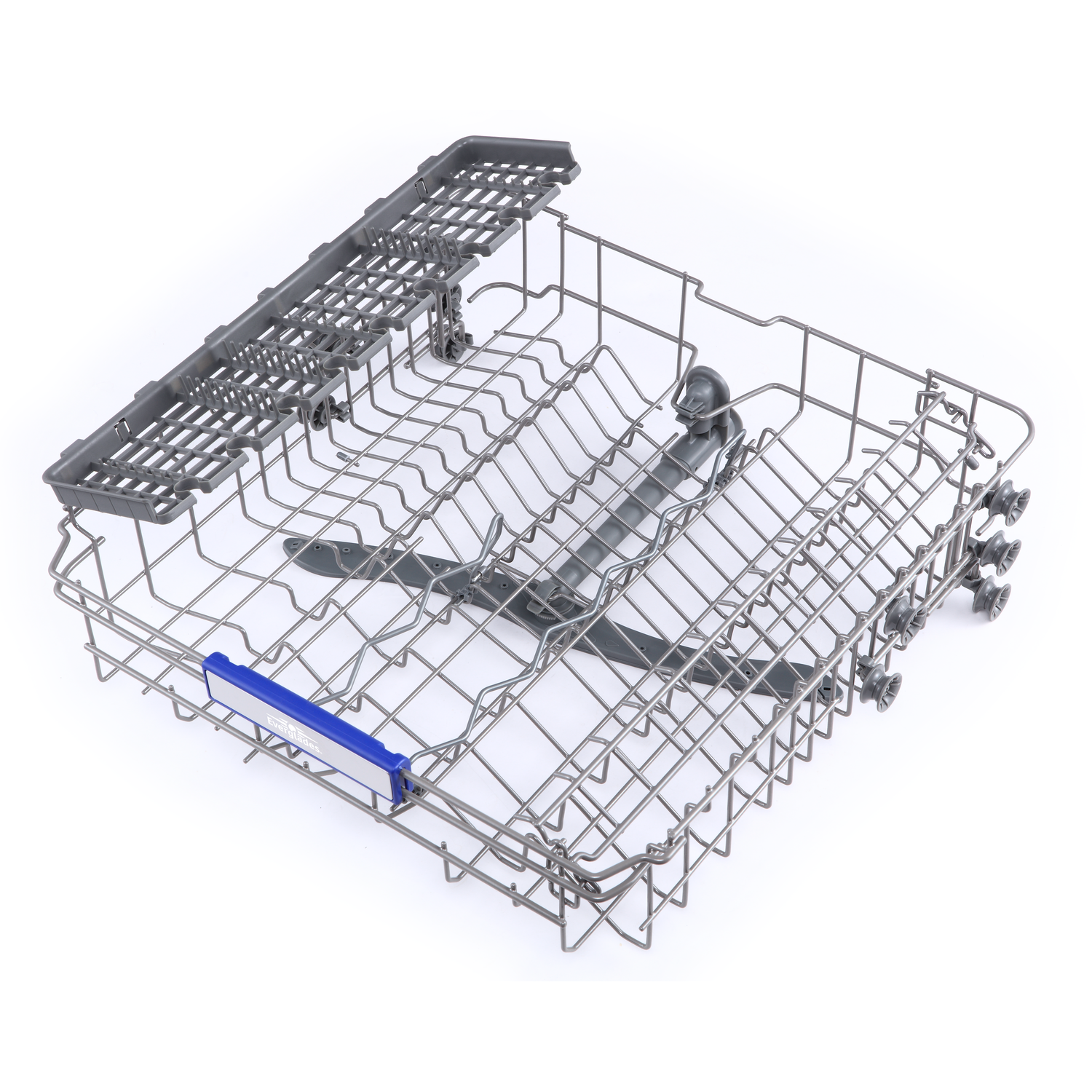 A metal dishwasher basket with multiple compartments.