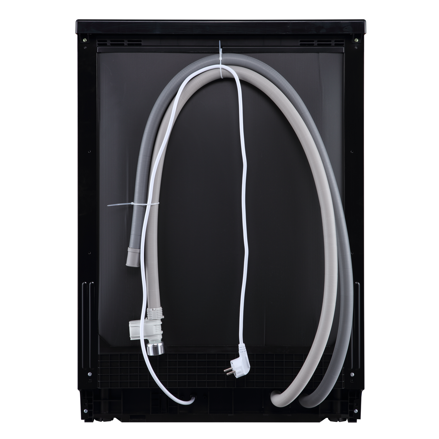 Back of a black dishwasher with hoses and a power cord.