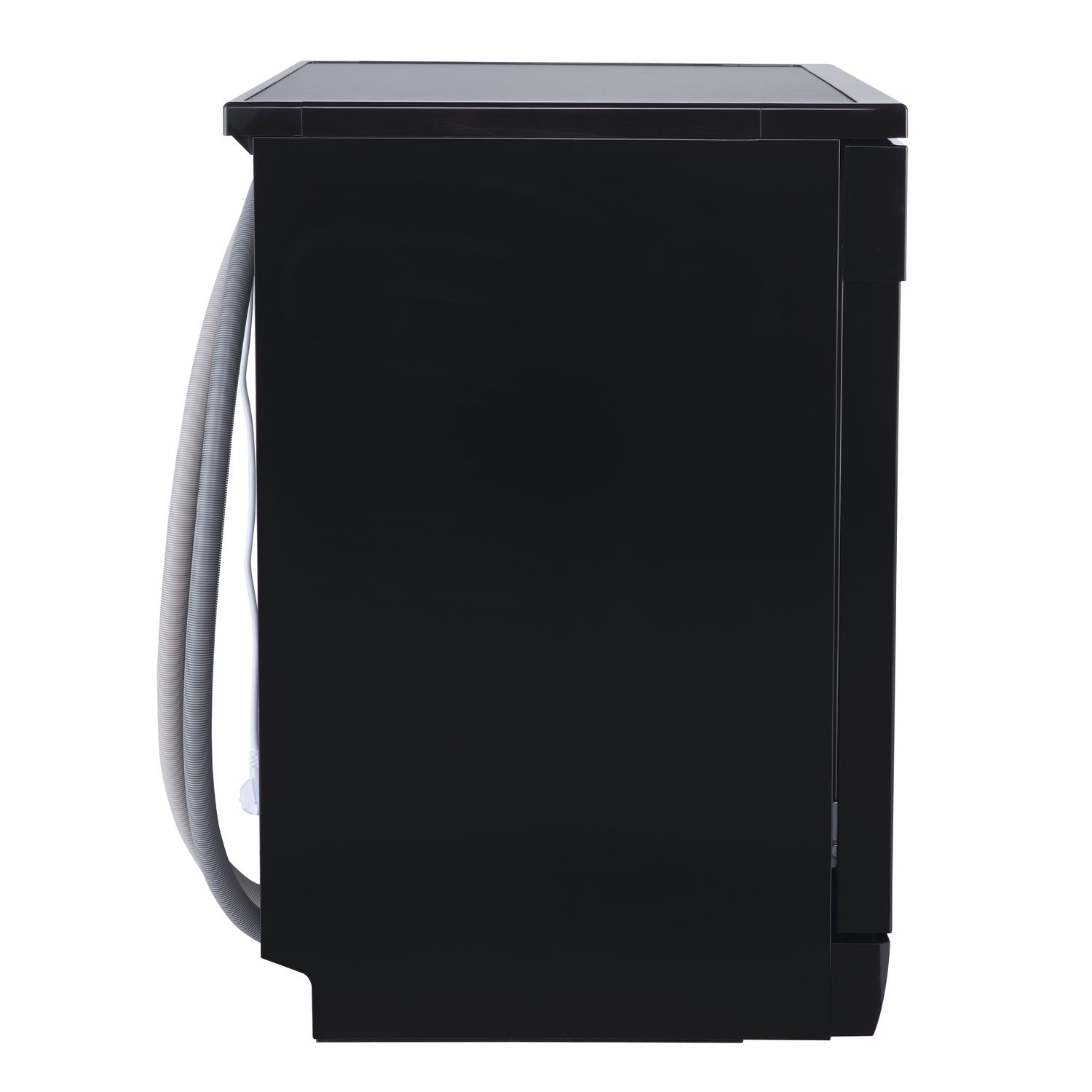 Black dishwasher side view, white background. Clean lines, simple design.