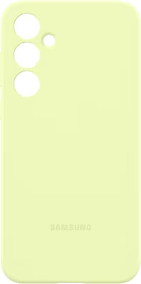 Jasnożółte etui na telefon z otworami na aparat i markę.