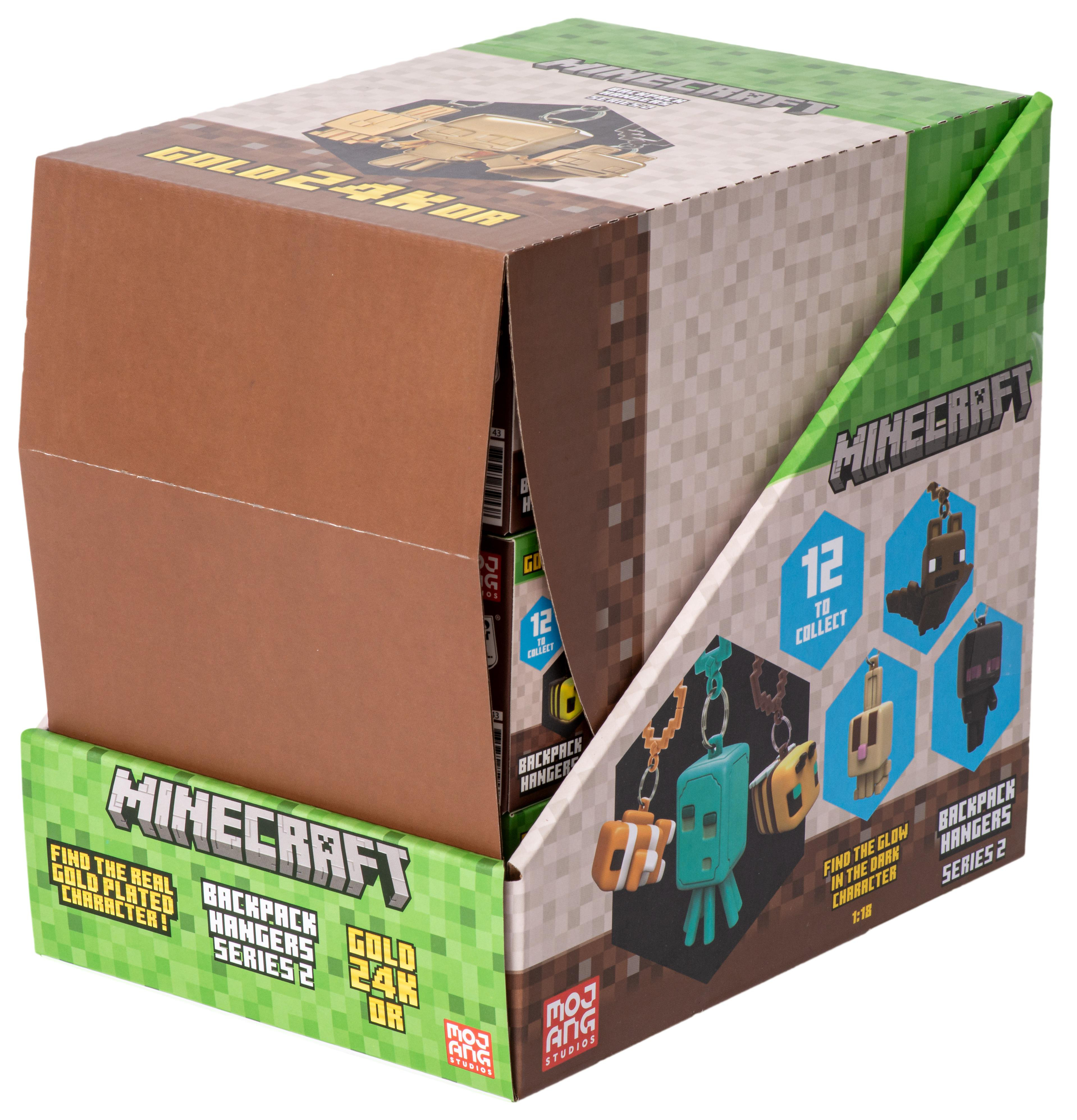 Minecraft-Spielzeug-Displaybox mit verschiedenen Charakter-Schlüsselanhängern auf der Vorderseite.