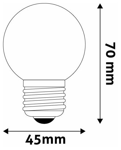 Egy izzó diagramja, méreteit mutatva: 70 mm magasság, 45 mm szélesség.