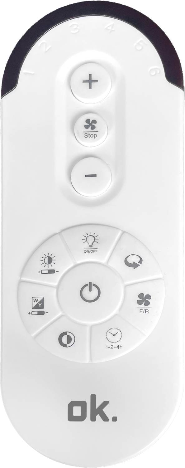 Mando a distancia blanco con botones para ventilador. Botones incluyen encendido, luz, y velocidad.