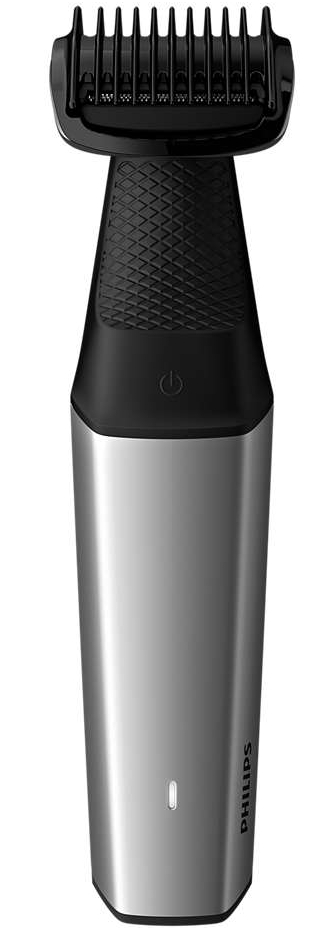 Zbliżenie srebrno-czarnej golarki do ciała Philips z nasadką grzebieniową.
