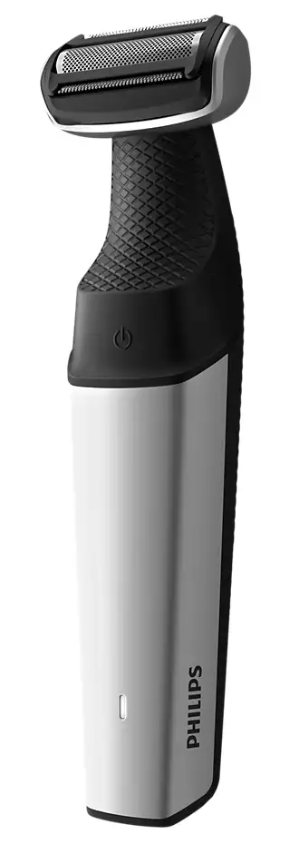 Srebrno-czarny trymer Philips. Produkt posiada przycisk zasilania.