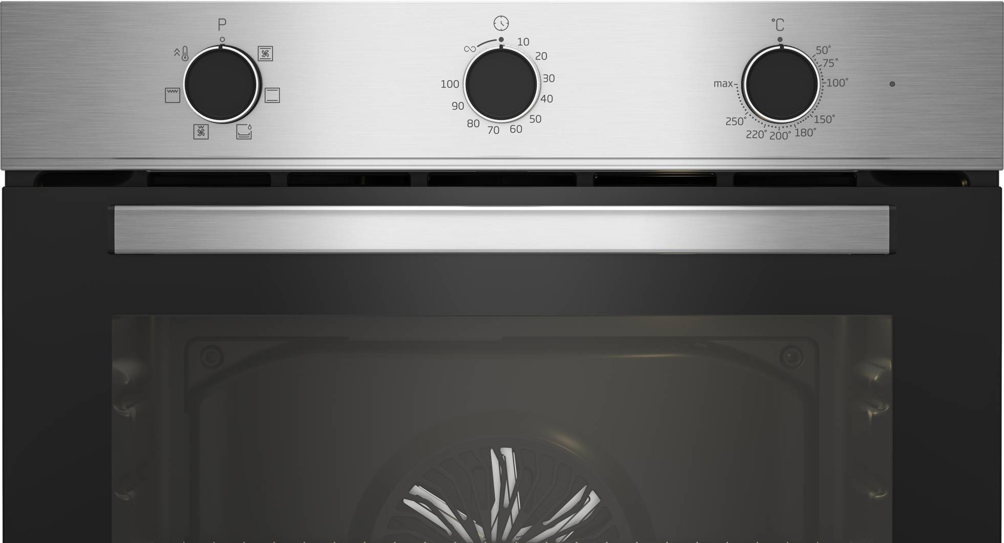 Primer plano del panel de control de un horno, con diales y perillas.