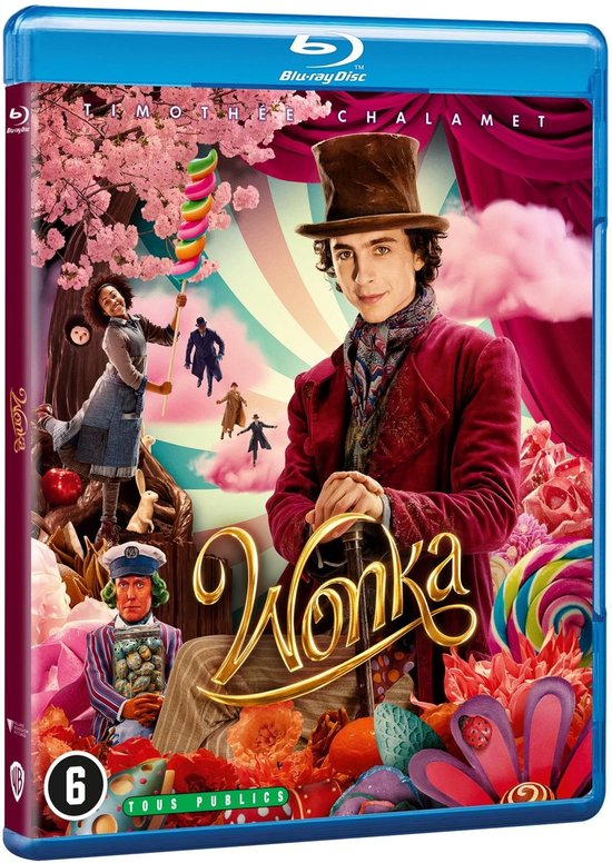 Wonka Blu-ray cover. Timothée Chalamet in rode jas, andere acteurs en kleurrijke achtergrond.