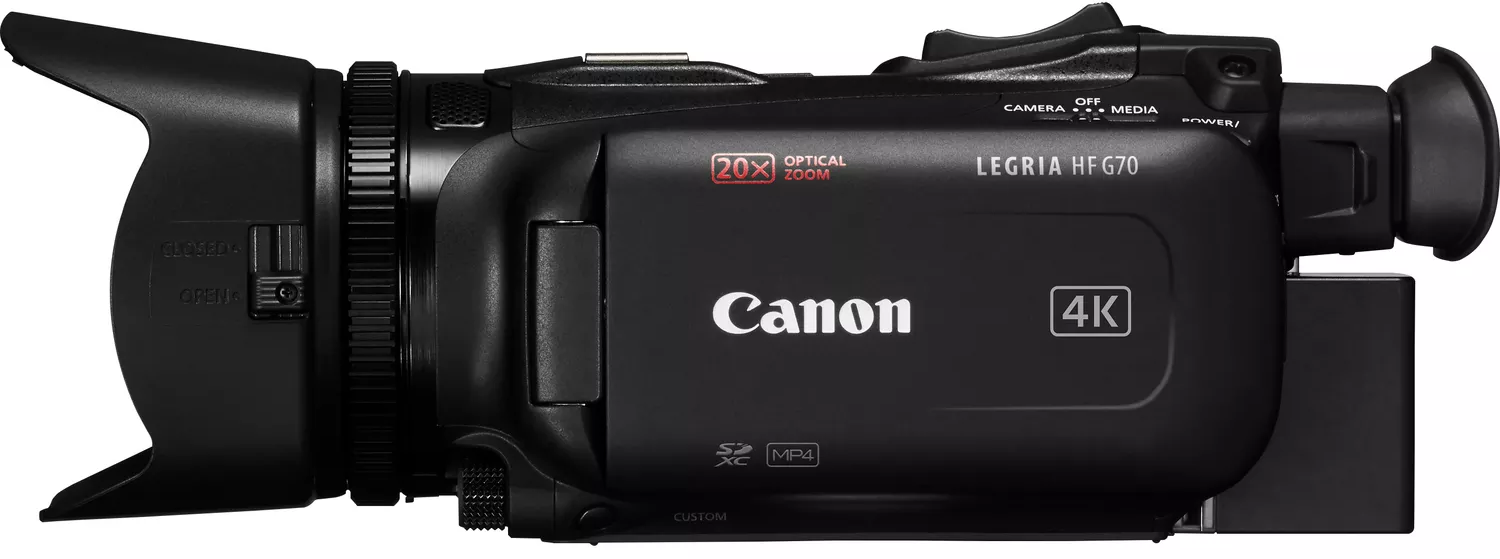 Schwarze Canon Legria HF G70 Camcorder mit Sonnenblende und 4K-Etikett.