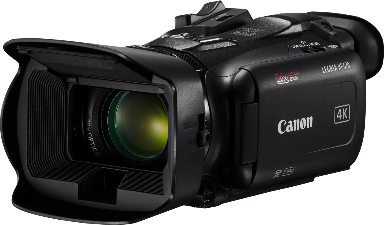 Schwarze Canon Legria HF G70 Camcorder mit 20x optischem Zoom. Objektiv vorne, Knöpfe und Bildschirm oben.