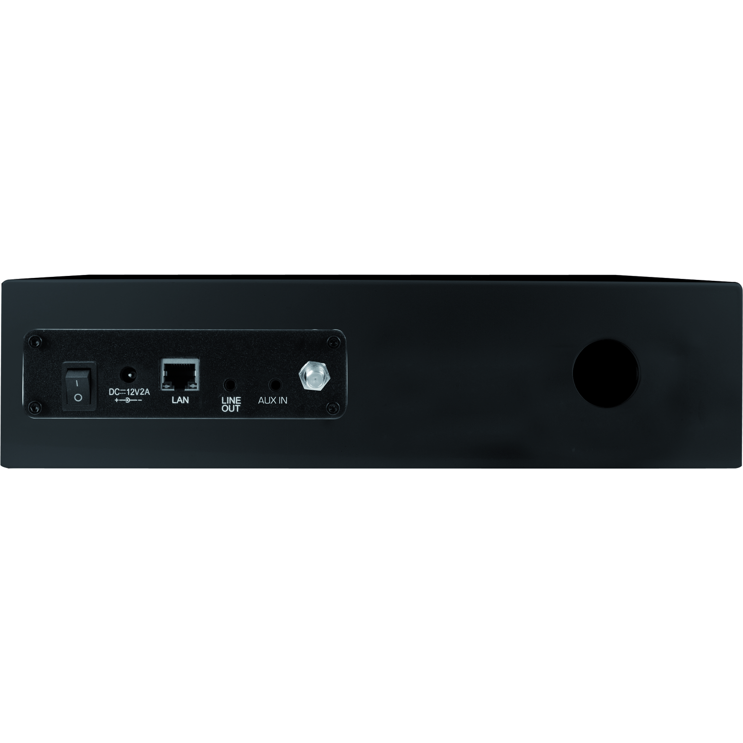 Zwart achterpaneel van audio-apparaat. Inclusief aan/uit-schakelaar, DC-ingang, LAN-poort, Line Out, Aux In en een rond gat.