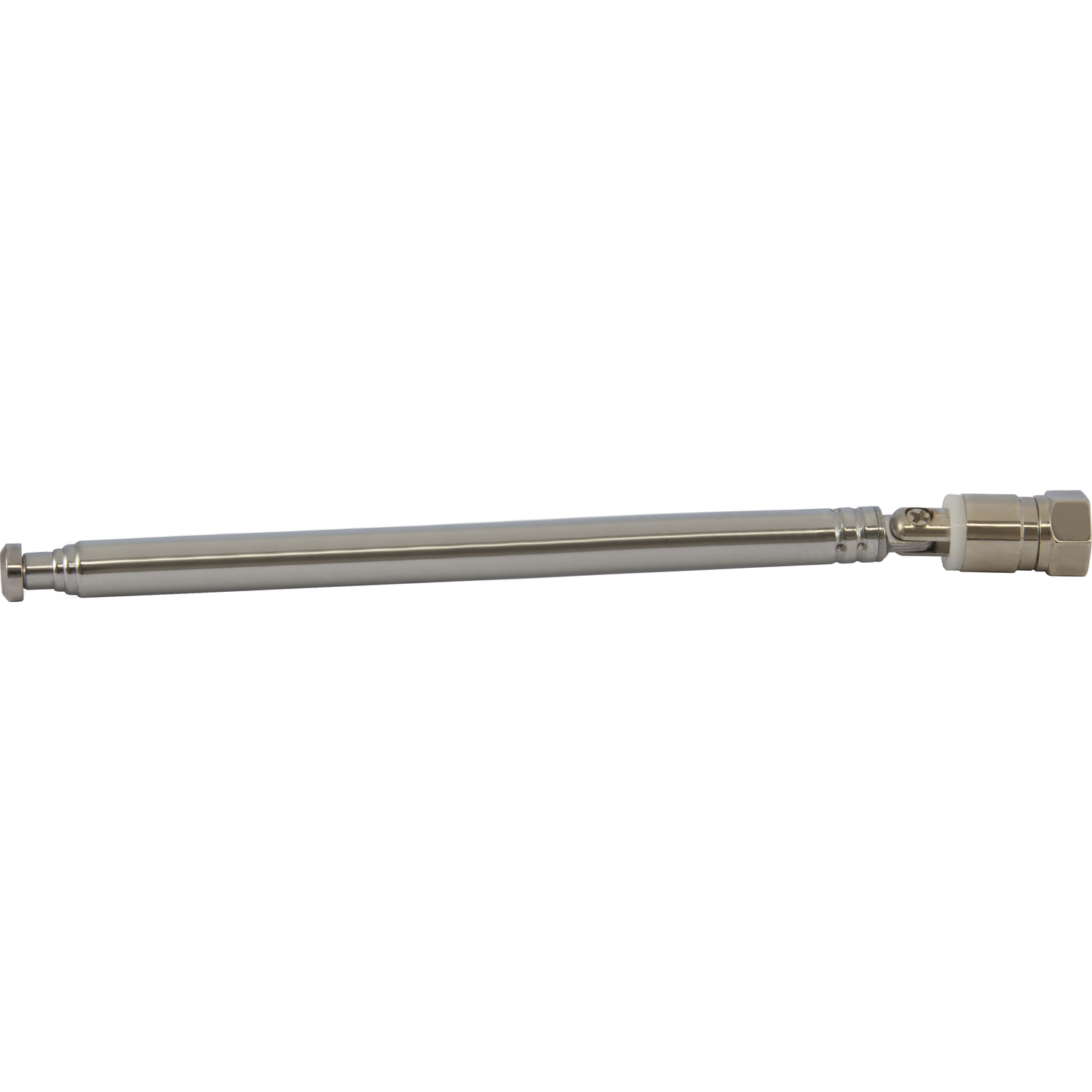 Een zilveren, telescopische antenne ligt horizontaal op een witte achtergrond. Het heeft een ronde basis en een connector.