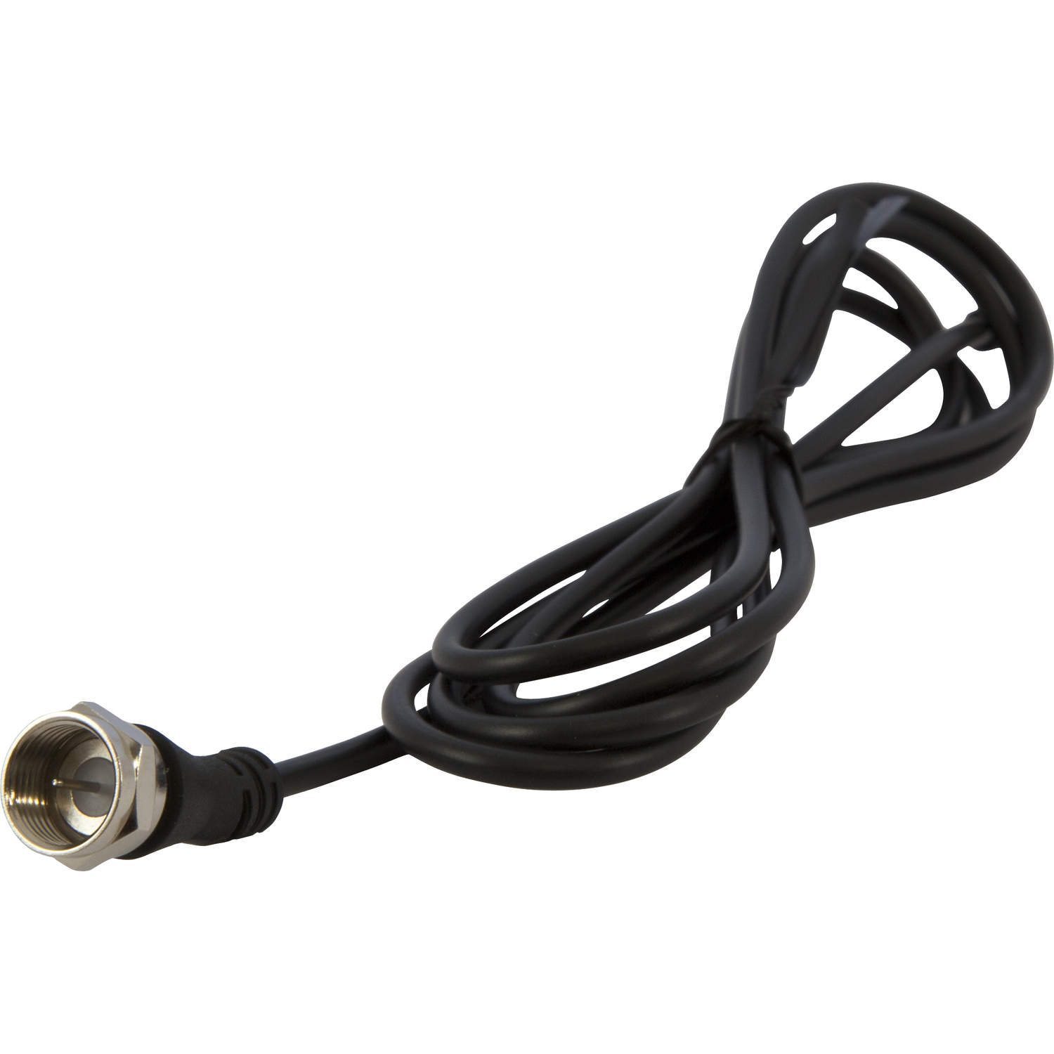 Een zwarte coaxkabel met een zilveren connector op een witte achtergrond. De kabel is lusvormig en opgerold.