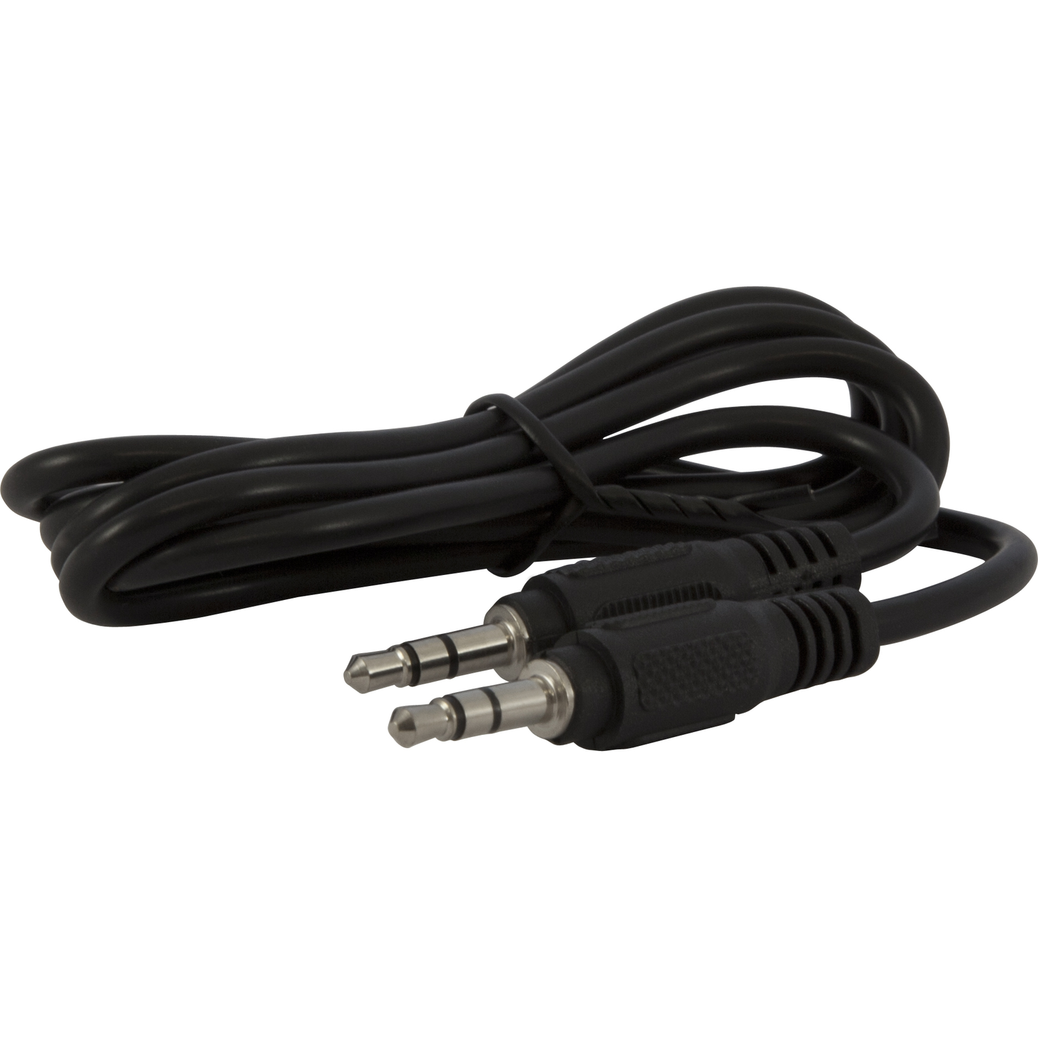 Een zwarte audiokabel met twee 3,5 mm jacks. De kabel is opgerold. De achtergrond is wit.